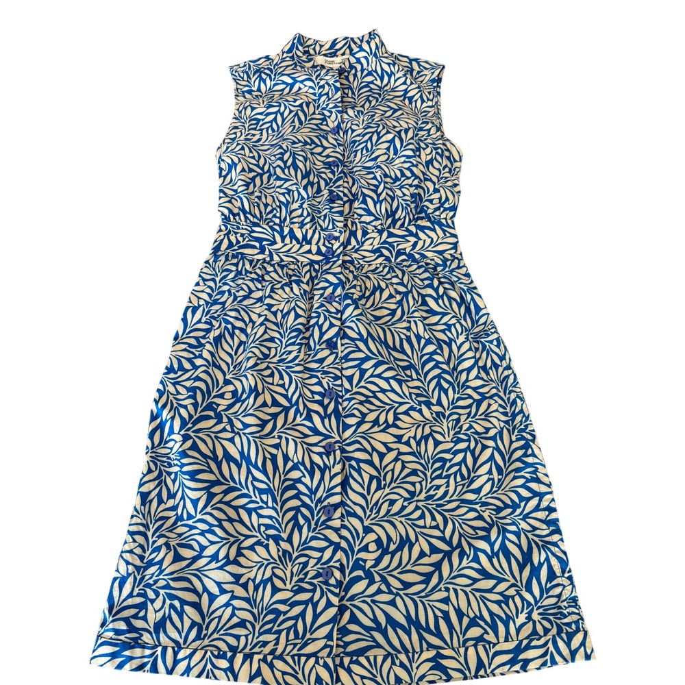 DIANE VON FURSTENBERG sleeveless shirtdress women sz 2 blue botanical leaf print